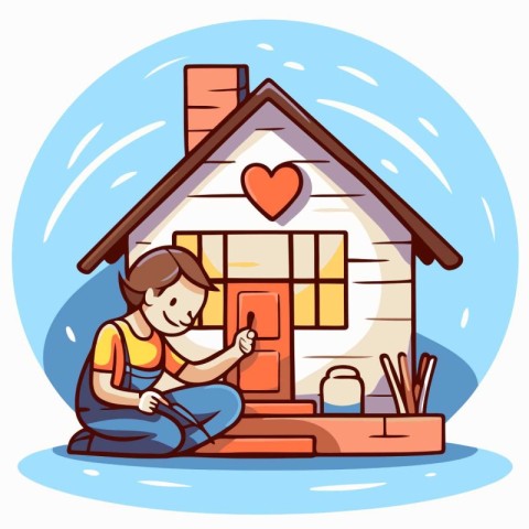 Vector illustration of a man sitting near the house with a heart