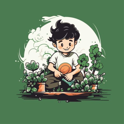 Boy playing with a ball in the garden. Vector Illustration.