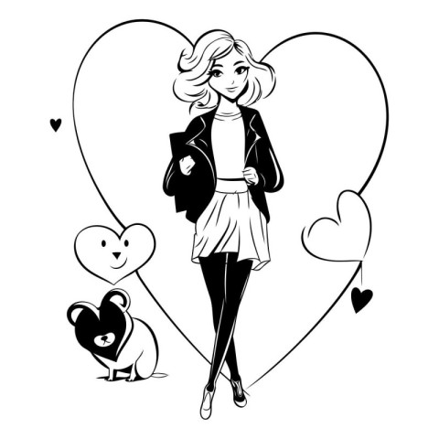 Beautiful young woman in love with a dog. Black and white vector