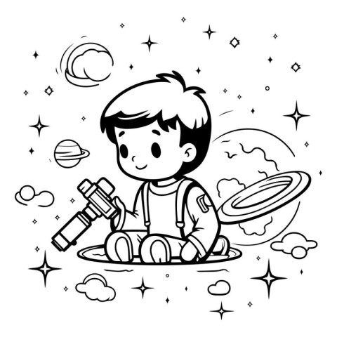 Cartoon boy sitting on the moon with a telescope. Vector illustr