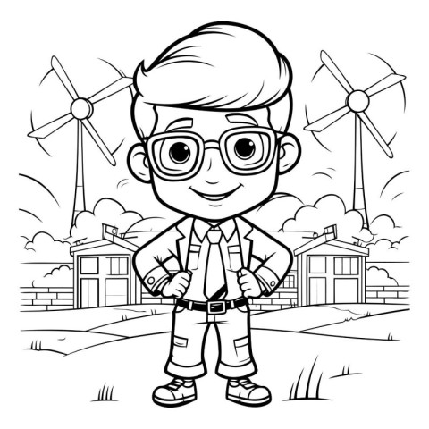 Black and White Cartoon Illustration of Kid Boy in Front of Wind