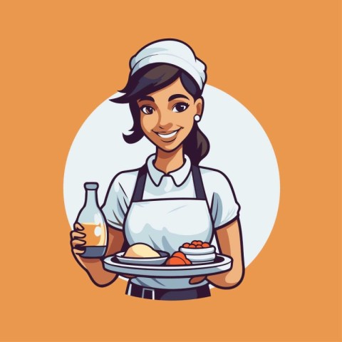 Smiling waitress holding a tray of food. Vector cartoon illustra