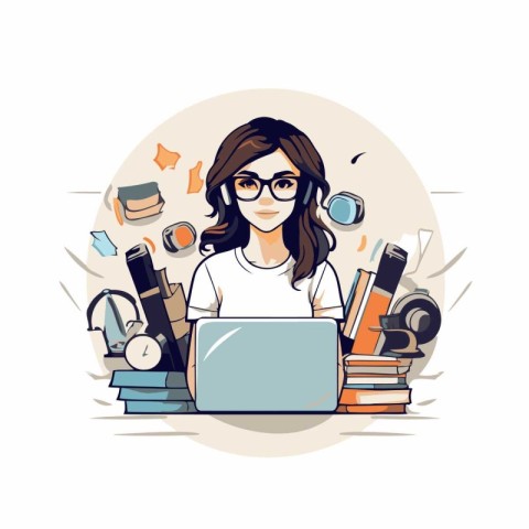 Vector illustration of a girl with glasses and laptop. books and