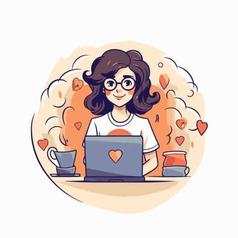 Cute girl with laptop and cup of coffee. Vector illustration.