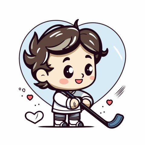 Cute boy playing ice hockey in a heart shape. Vector illustratio