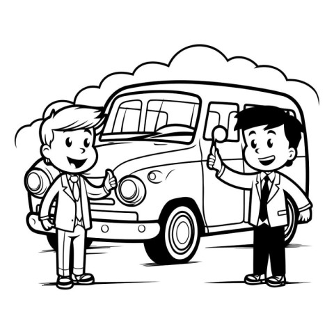 Schoolboy and bus - Black and White Cartoon Illustration. Vector