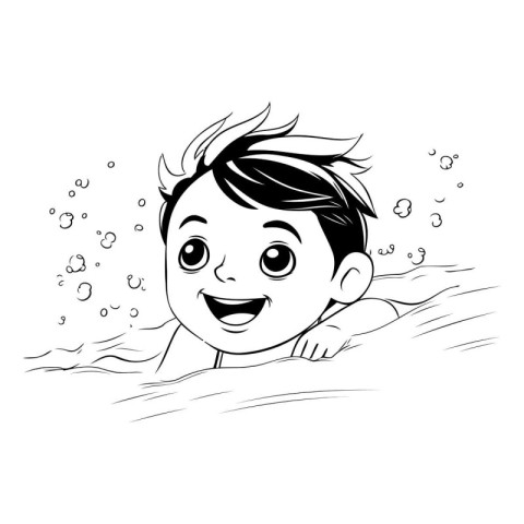 Boy swimming in the pool. black and white vector cartoon illustr