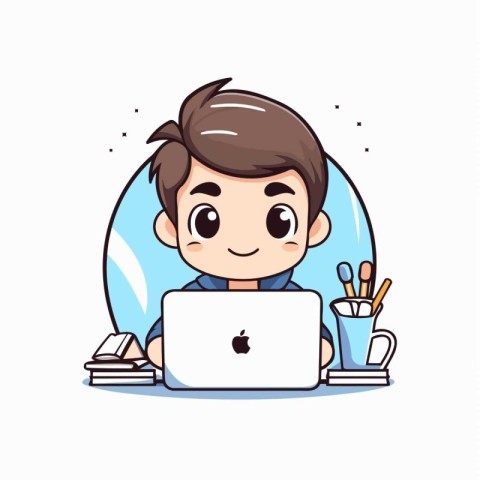 Cute boy using laptop computer. Vector illustration in cartoon s