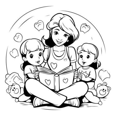 Mother reading a book with her children. black and white vector