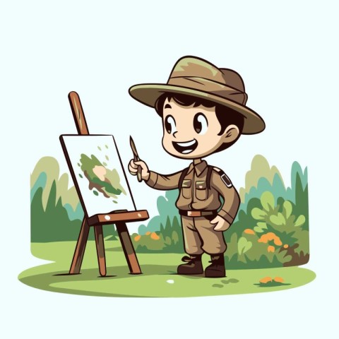 Illustration of a boy painting a picture in the park. Vector