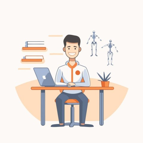 Vector illustration of a man sitting at the desk with laptop and