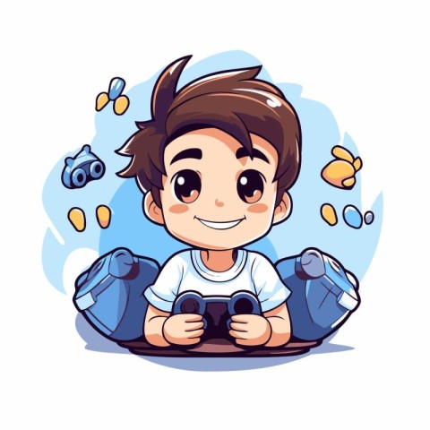 Cute boy playing video games. Vector illustration in cartoon sty