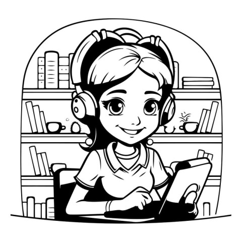 Girl with headphones and tablet pc in the library. Vector illust