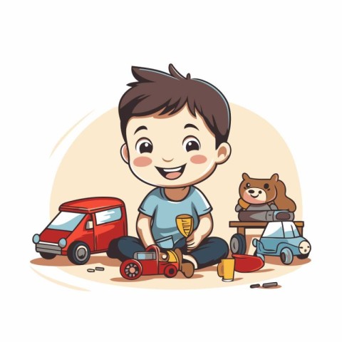 Cute little boy playing with a toy car. Vector illustration.