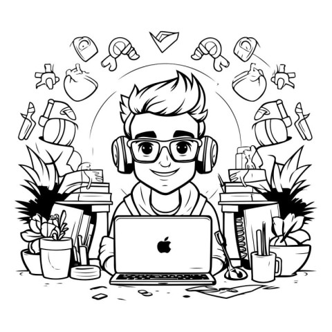 Teenager boy with laptop and headphones. Black and white vector