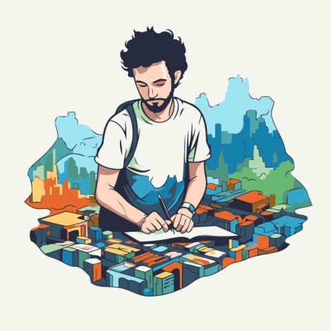 Vector illustration of a young man drawing a map of the city.