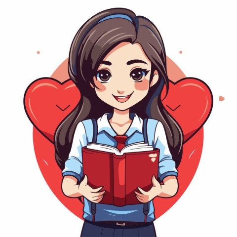 Cute schoolgirl holding book. Vector illustration in cartoon sty