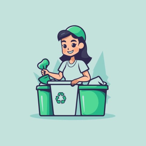 Girl throwing garbage in trash bin. Vector illustration in carto