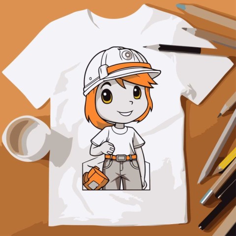 T-shirt design with cute cartoon girl construction worker. Vecto