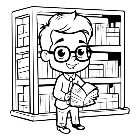 Boy reading book in library - Black and White Cartoon Illustrati