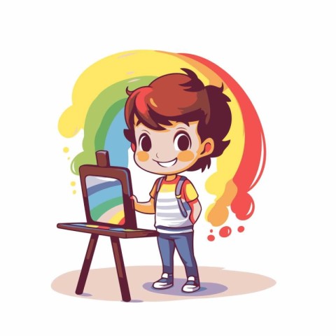 Cute school boy with backpack and easel. Vector illustration.