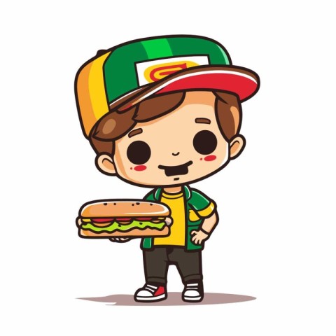 Cute boy eating hamburger. Vector illustration. Cute cartoon cha