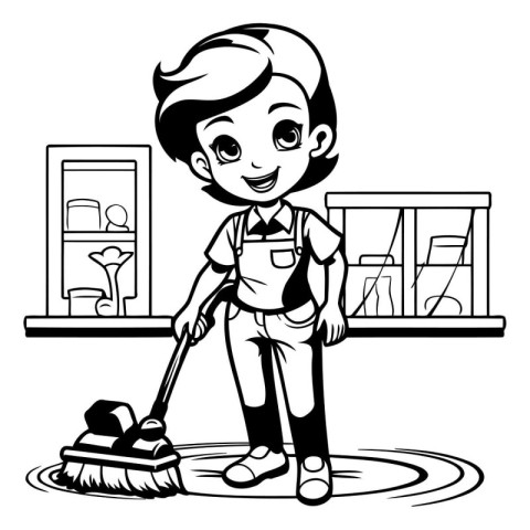 cute boy cleaning the house. black and white vector illustration