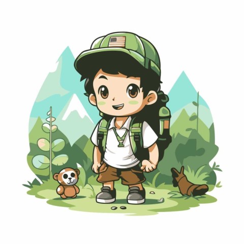 Cute little boy with backpack hiking in the forest vector illust