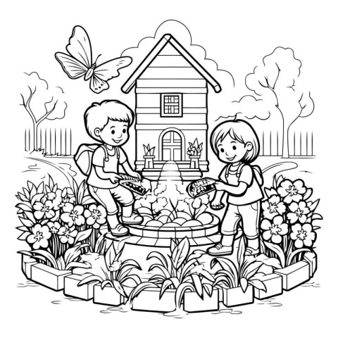 Boy and girl watering flowers in the garden. black and white vec