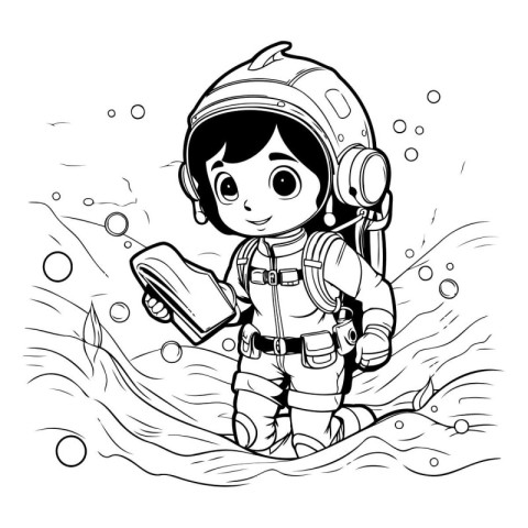 astronaut in the water. black and white vector illustration for