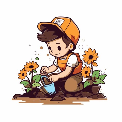 Cute little boy watering flowers in the garden. Vector illustrat