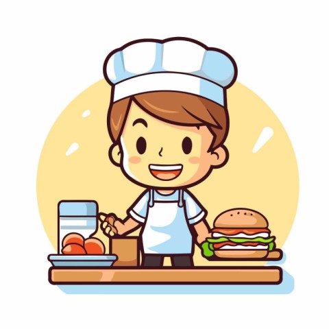 Cute chef boy with hamburger and vegetables cartoon vector illus