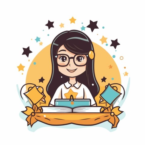 Cute cartoon girl in glasses reading a book. Vector illustration