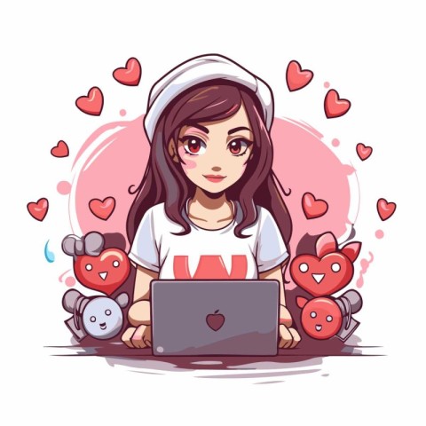 Cute girl with laptop and hearts around her. Vector illustration