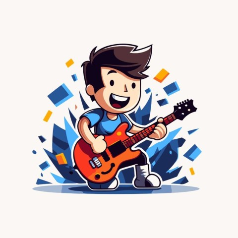 Cartoon boy playing the guitar. Vector illustration in a flat st