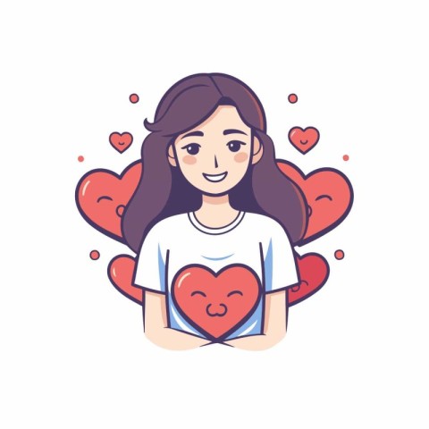 Cute girl with red hearts. Vector illustration in cartoon style.