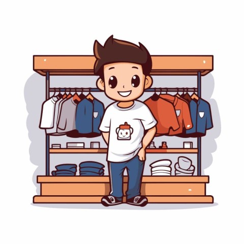 Cartoon boy in the clothing store. Vector illustration in cartoo