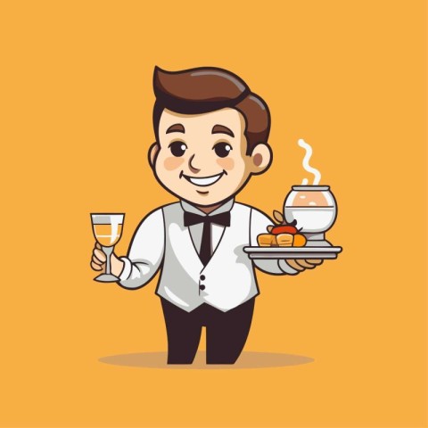 Waiter with a cup of coffee. Vector cartoon character illustrati