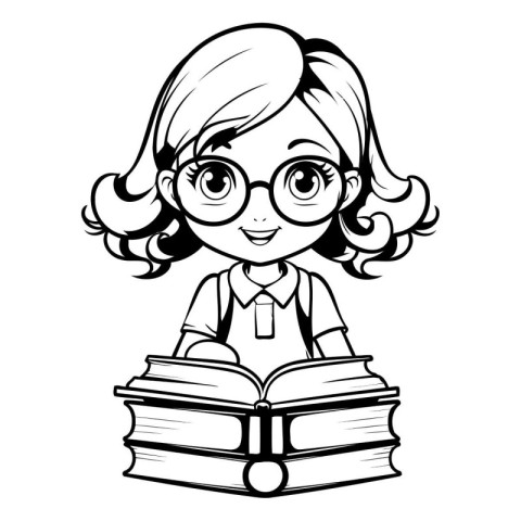 cute little student girl with glasses and books vector illustrat