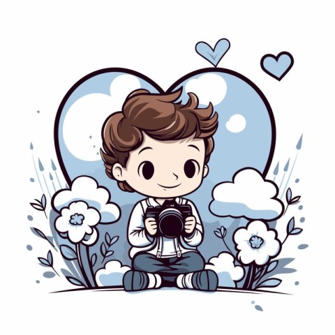 Cute boy with camera sitting on the grass. Vector illustration.