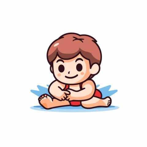 Cute little boy in red swimsuit sitting on the floor. Vector ill