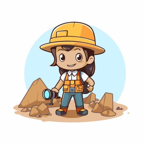 Cute cartoon miner girl with a magnifying glass. Vector illustra