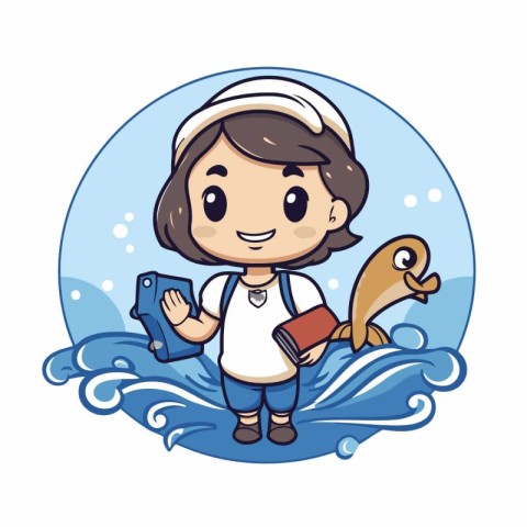 Girl with a book and a fish in the sea. Vector illustration.