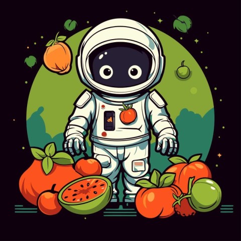 Astronaut with fruits and vegetables. Vector illustration for yo