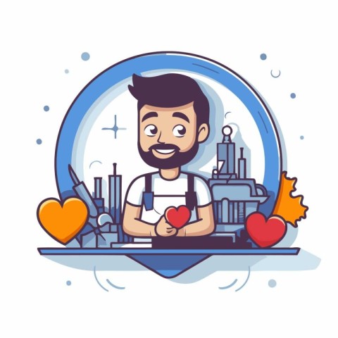 Vector illustration of a man in apron holding a heart in his han