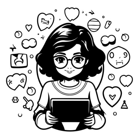 Girl with tablet and social media icons. Vector illustration in