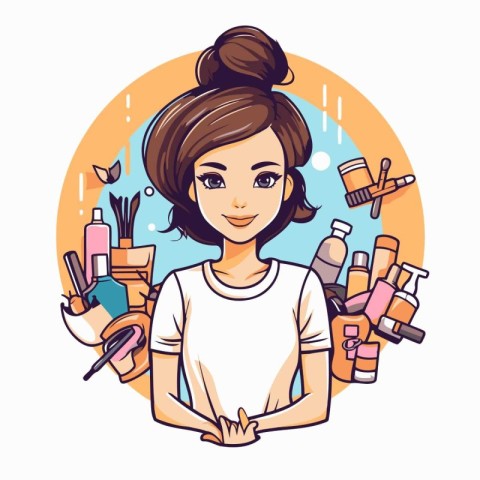 Beautiful young woman with cosmetics. Vector illustration in car