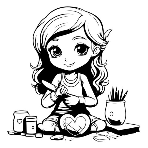 Vector illustration of a little girl sitting on the floor and pa