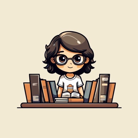 Cute girl reading books. Vector illustration of a girl in glasse