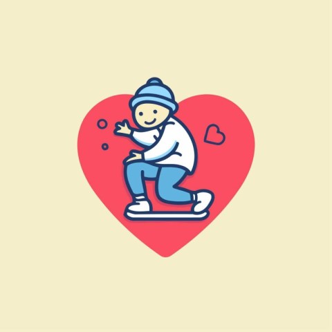 Cute little boy skating in a red heart. Vector illustration.